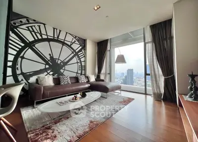 Luxurious living room with stunning city view and stylish clock-themed decor