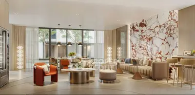 Luxurious modern living room with elegant marble accent wall and stylish furniture.