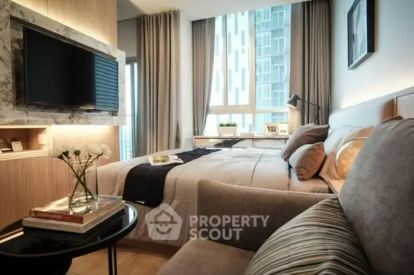 Luxurious modern bedroom with large window and stylish decor