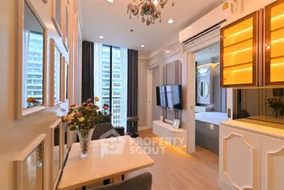 Luxurious modern apartment interior with elegant decor and city view