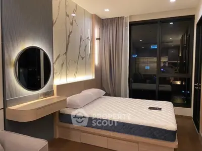 Luxurious modern bedroom with elegant decor and large window view