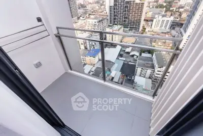 Modern balcony with stunning city view in high-rise apartment