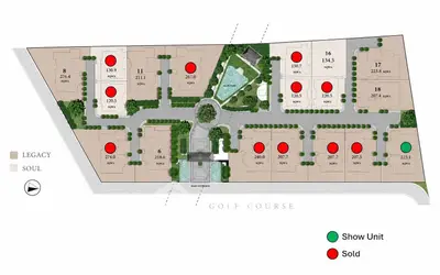 Schematic plan of a residential complex near a golf course with sold and show units marked.