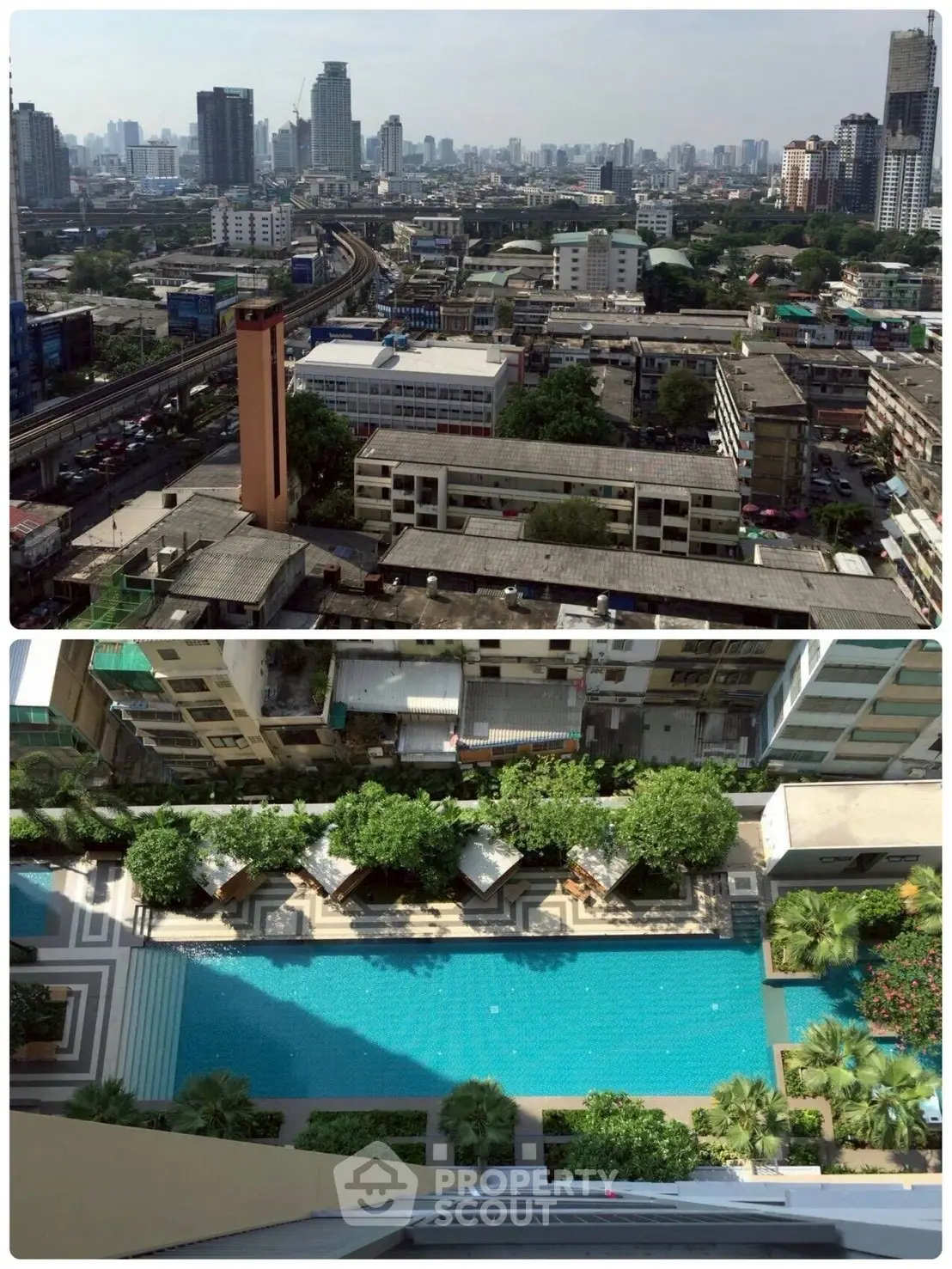 Stunning cityscape view with luxurious rooftop pool in urban setting.
