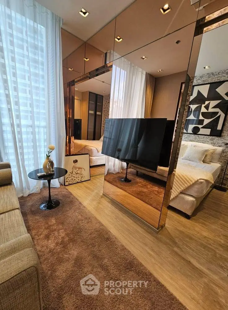 Luxurious modern living room with floor-to-ceiling windows and elegant decor