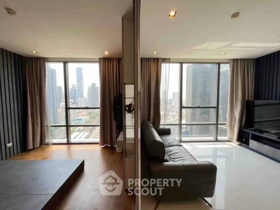 Spacious modern living room with city view and elegant decor