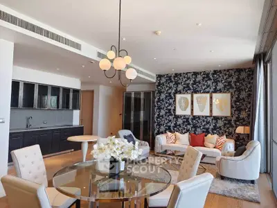 Luxurious living room with elegant decor, modern furniture, and stylish lighting in a high-end apartment.