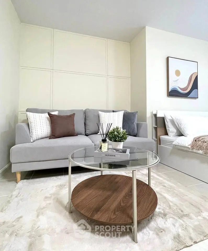 Modern living room with stylish decor and cozy seating area