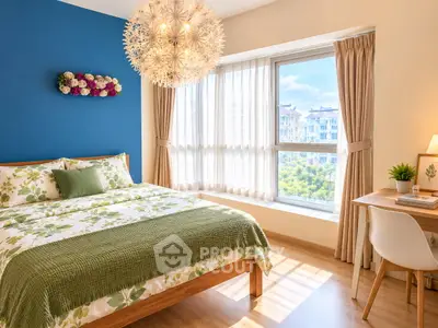 Bright and cozy bedroom with large window and stylish decor