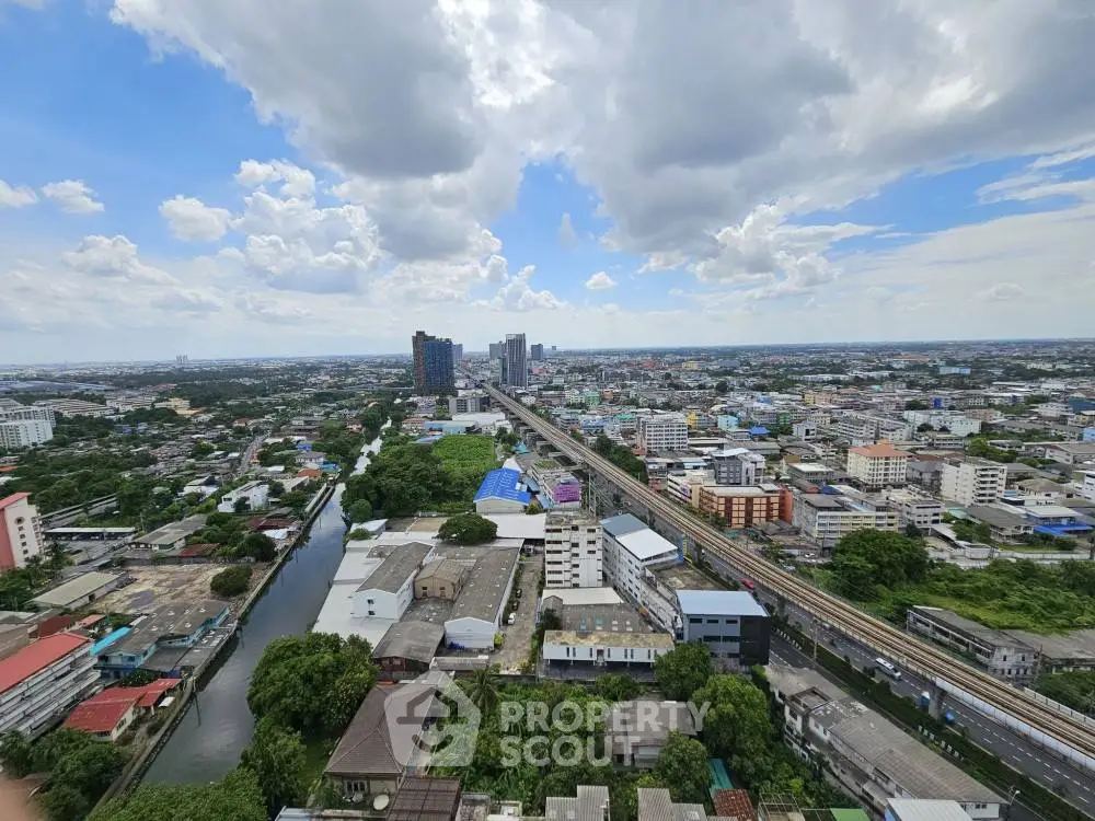 Stunning aerial view of urban landscape with high-rise buildings and expansive cityscape under a cloudy sky.