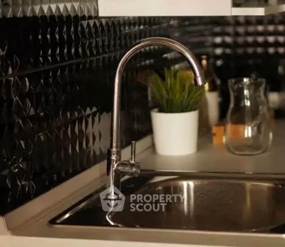 Modern kitchen sink with sleek faucet and stylish black backsplash