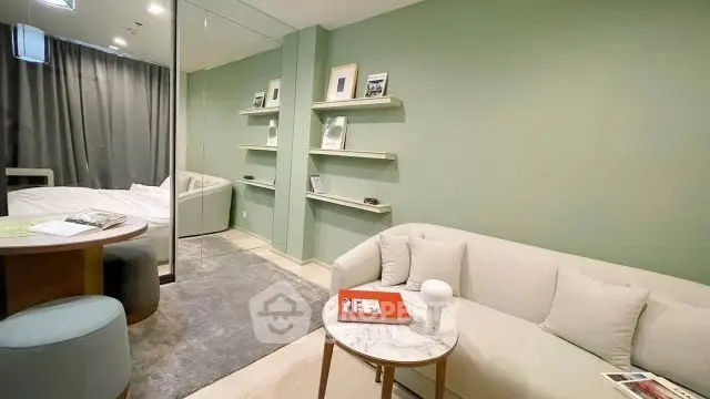 Modern living room with elegant decor and cozy seating area