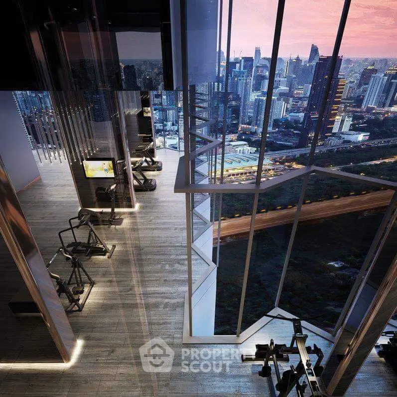 Luxurious high-rise gym with panoramic city views and modern fitness equipment.