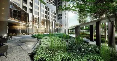 Luxurious modern building exterior with lush landscaped garden and seating area.