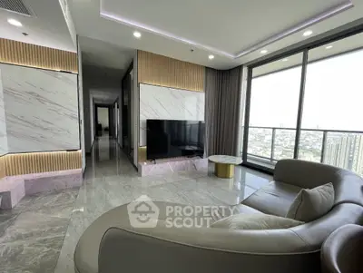 Luxurious modern living room with panoramic city view and elegant furnishings