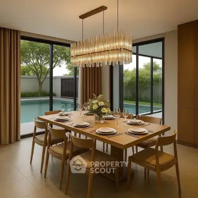 Elegant dining room with pool view, featuring modern chandelier and stylish wooden furniture.