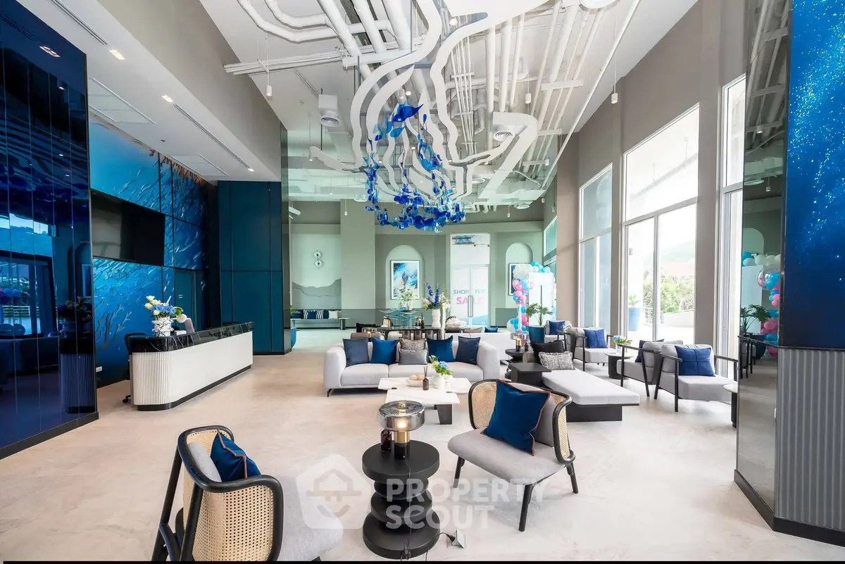 Luxurious modern living room with high ceilings and artistic decor