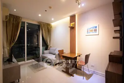 Modern living room with cozy sofa and elegant decor in high-rise apartment