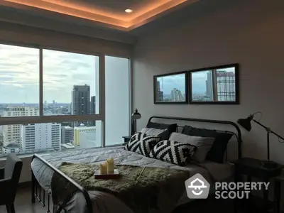 Luxurious bedroom with panoramic city views through floor-to-ceiling windows, ambient lighting, and modern decor.