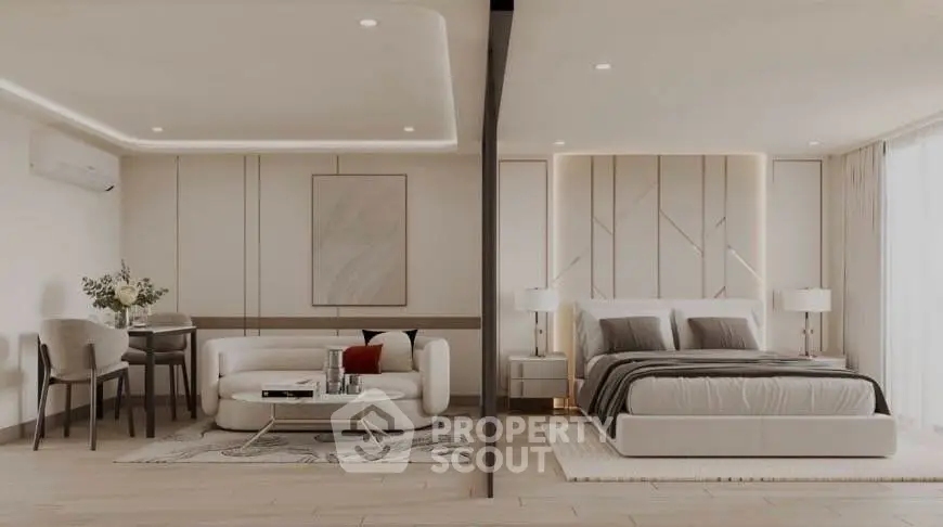 Luxurious modern bedroom with elegant decor and cozy seating area