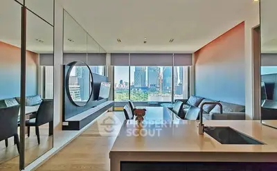 Modern living room with city view, sleek furniture, and open layout