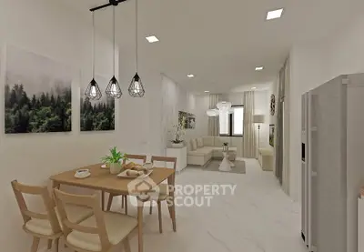 Modern open-plan living and dining area with stylish decor and natural lighting.