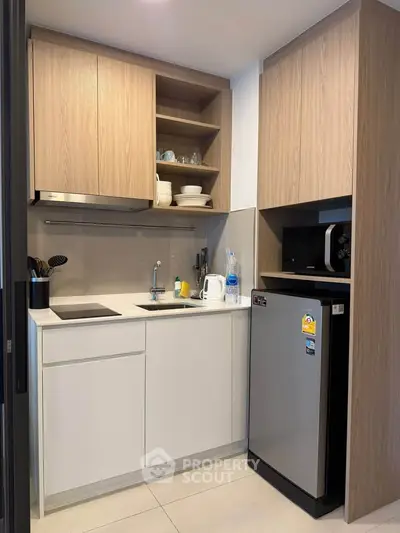 Modern compact kitchen with sleek cabinetry and stainless steel appliances