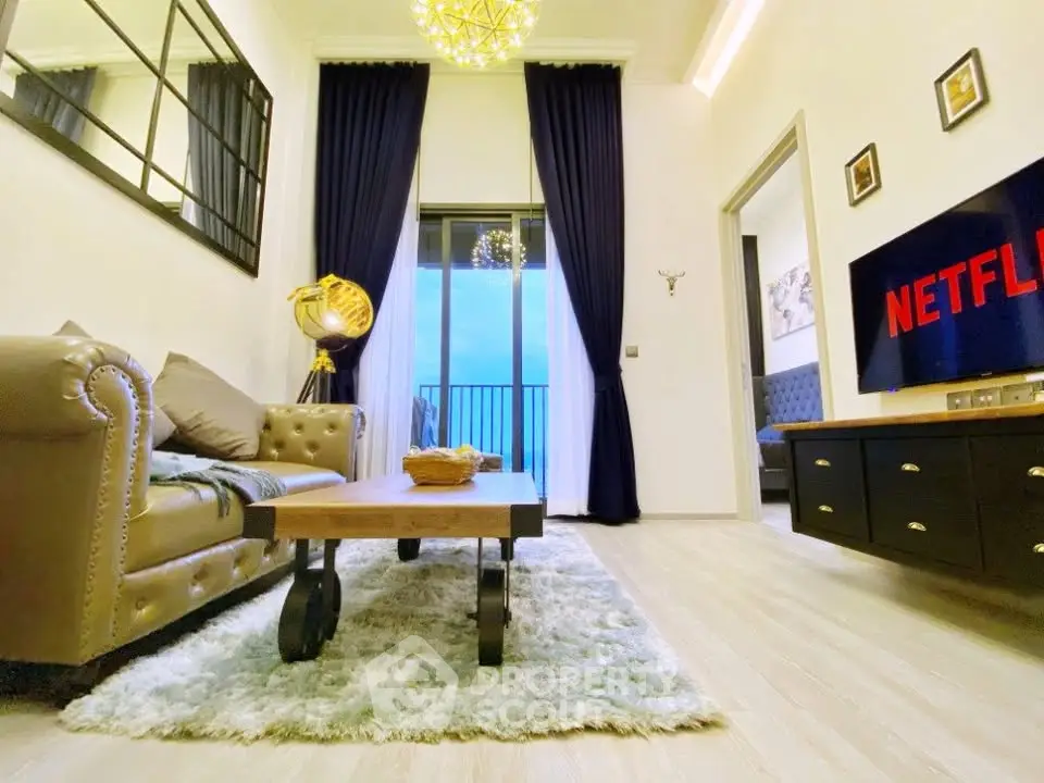 Luxurious living room with elegant decor and balcony view, perfect for modern living.