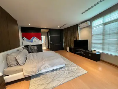 Spacious modern bedroom with stylish decor and natural light