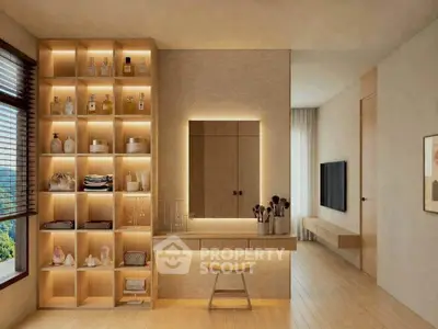 Luxurious bedroom with elegant wooden shelving and ambient lighting