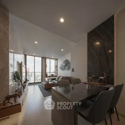 Luxurious modern living room with stylish decor and expansive city view, perfect for urban living.