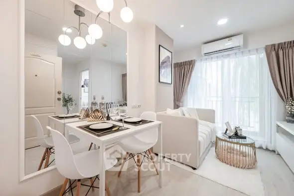 Modern living room with elegant dining area and natural light