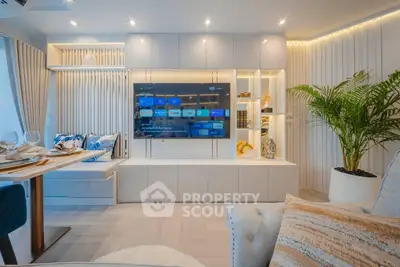 Modern living room with stylish decor and built-in entertainment center