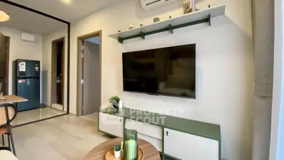 Modern living room with sleek TV setup and stylish decor