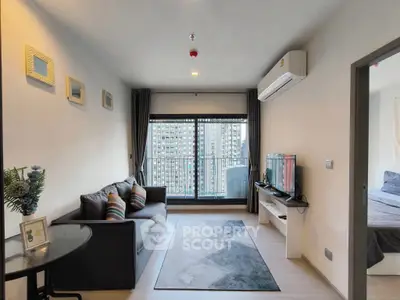 Modern living room with balcony view in a stylish apartment
