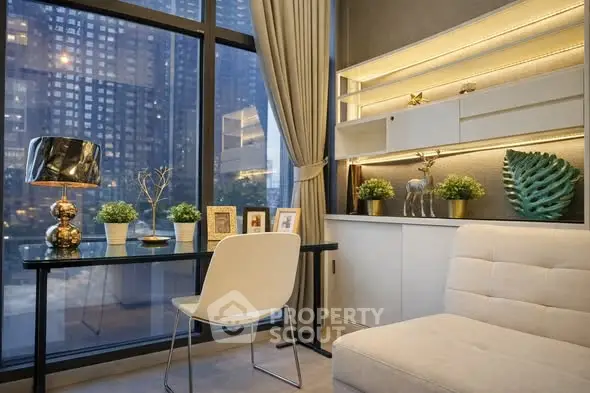 Luxurious modern living room with city view, elegant decor, and stylish furniture.