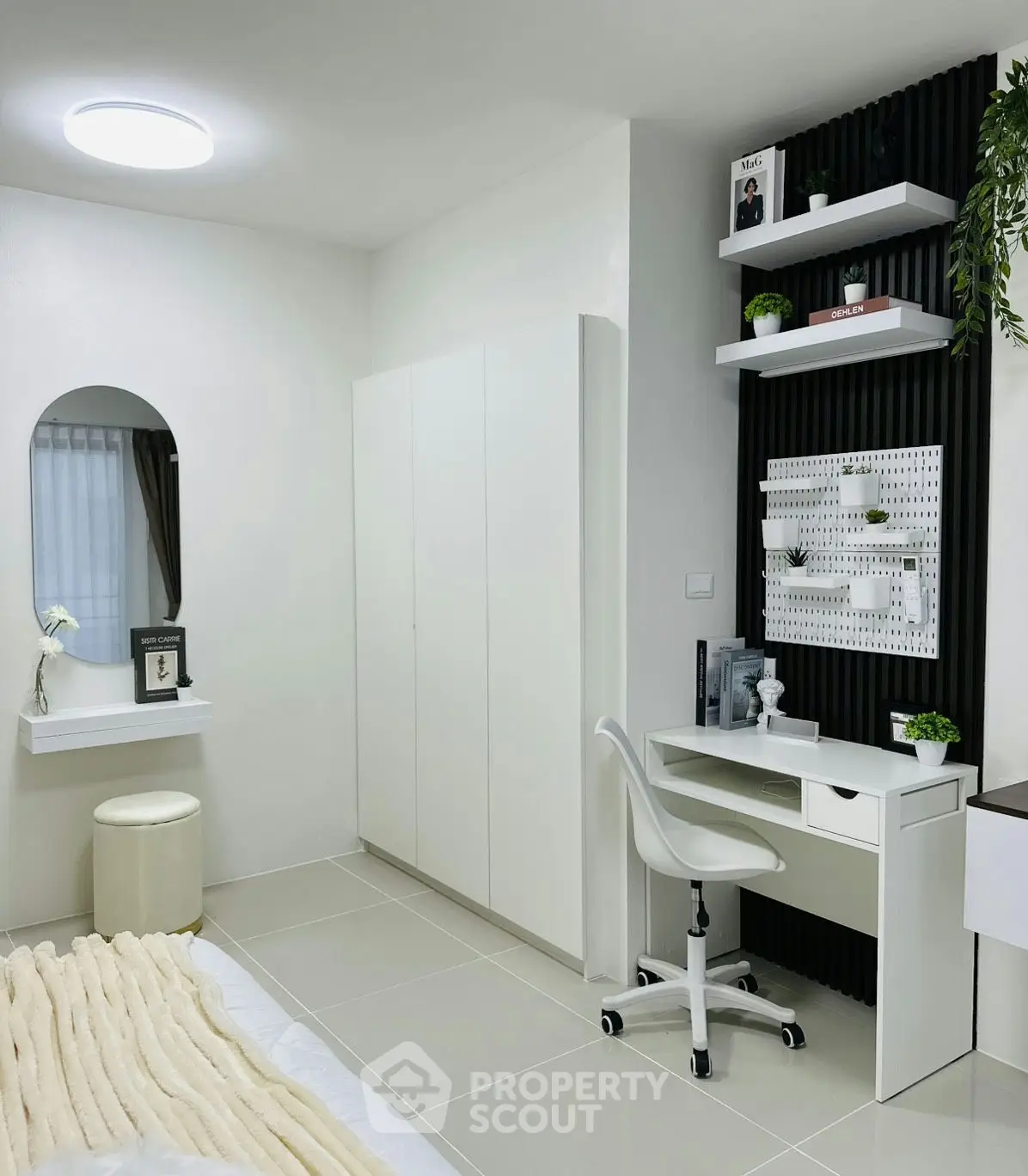 Modern minimalist study room with sleek white furniture and stylish decor