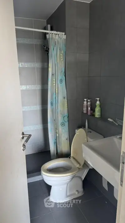 Modern bathroom with sleek gray tiles and shower curtain