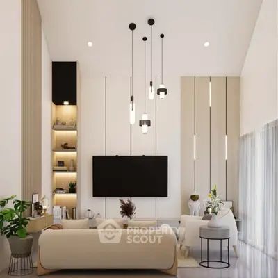 Modern living room with high ceiling, elegant lighting, and stylish decor