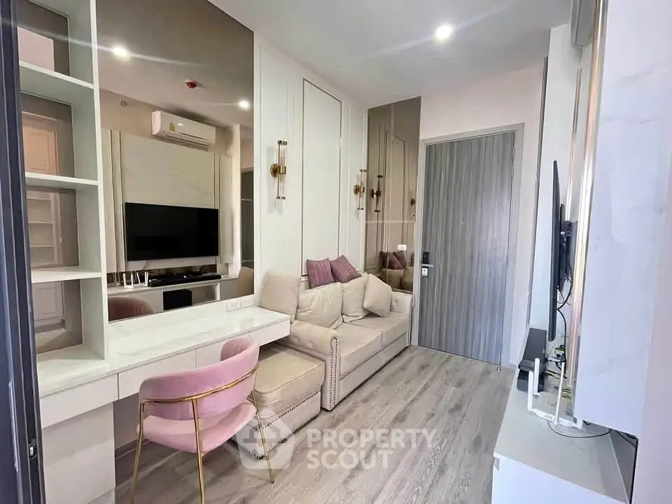 Modern living room with stylish decor and cozy seating area