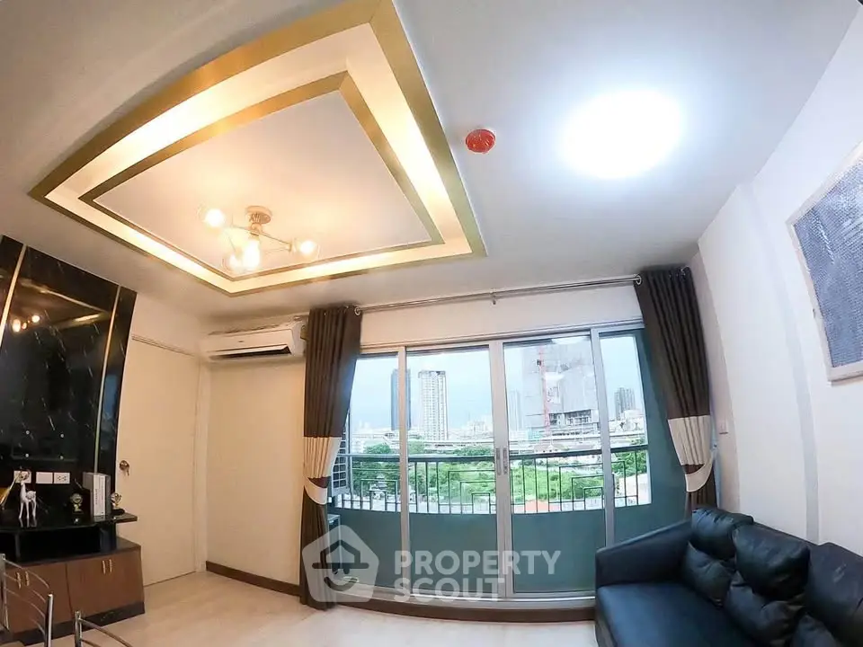 Modern living room with stylish ceiling design and city view from balcony.