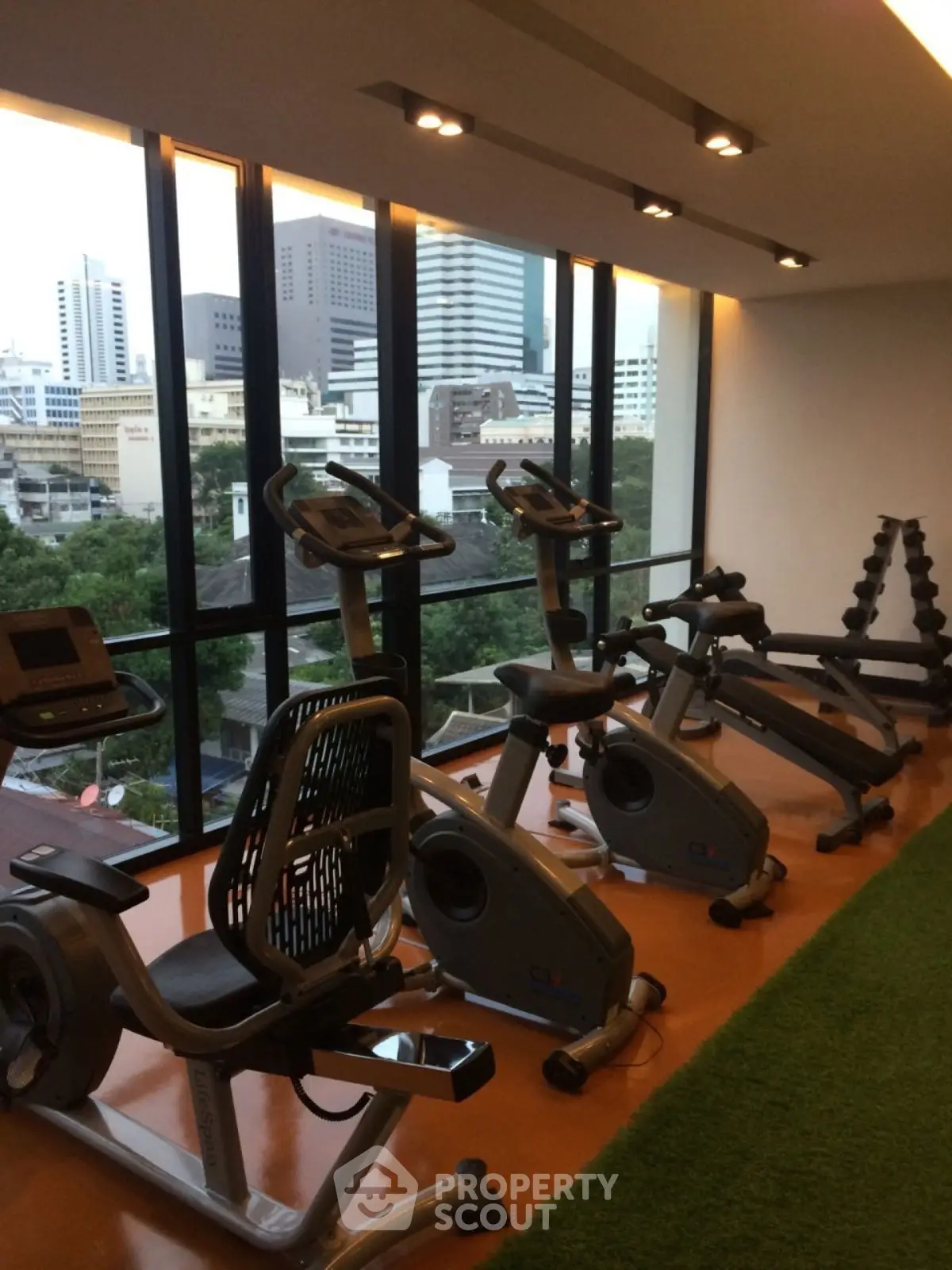 Modern gym with city view and exercise bikes in high-rise building.