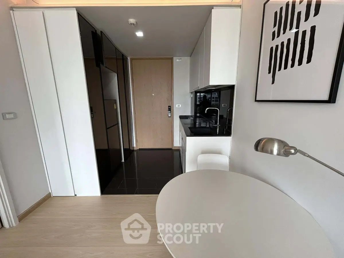 Modern apartment interior with sleek kitchen and stylish decor