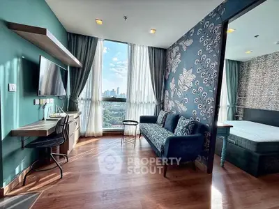 Stylish living room with city view, modern decor, and natural light