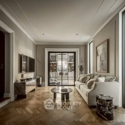 Elegant living room with parquet flooring and modern decor, featuring a cozy sofa and stylish coffee table.