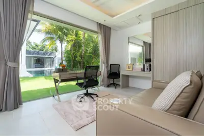 Luxurious home office with garden view and modern furnishings