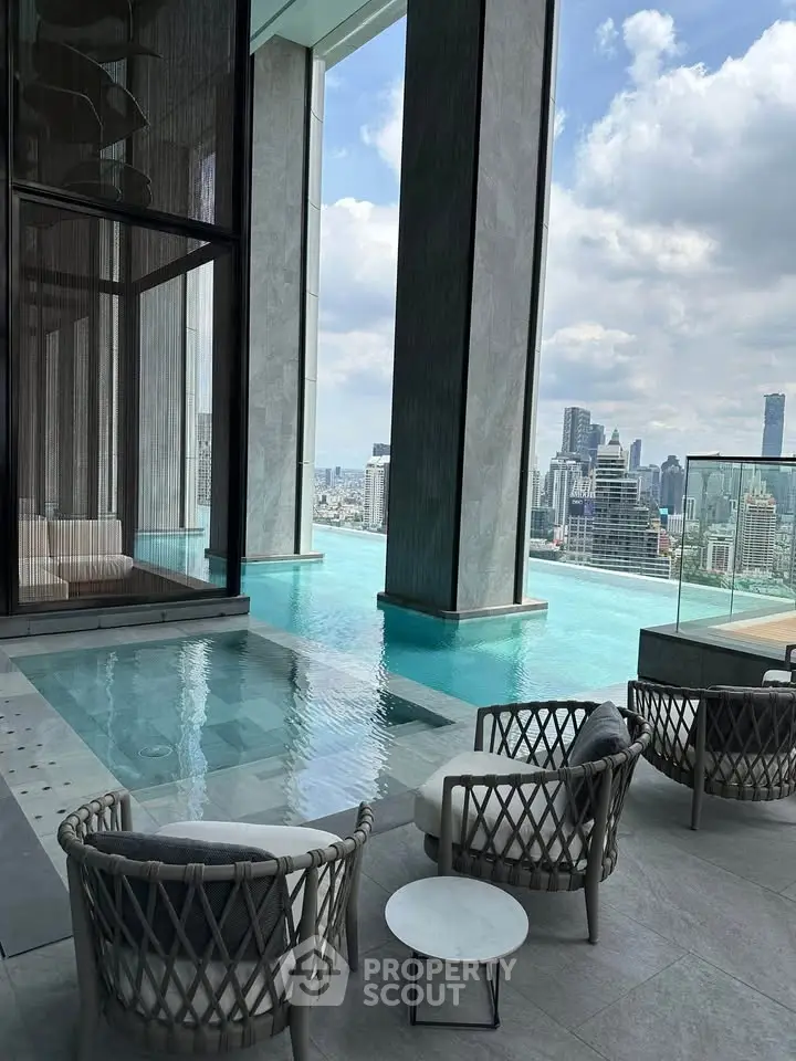 Luxurious rooftop pool with stunning city skyline views and elegant seating area.