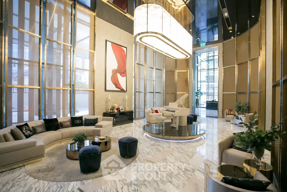 Luxurious modern living room with grand piano and elegant decor in high-rise building