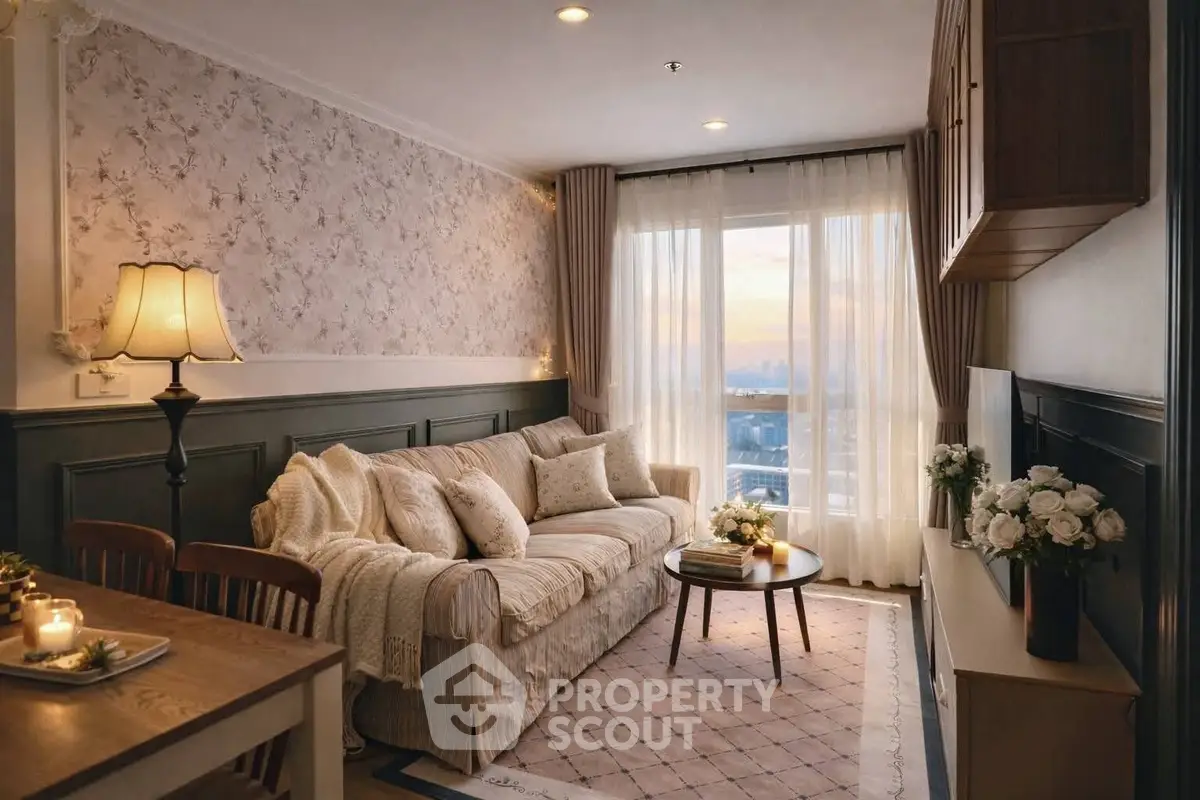 Cozy living room with elegant decor and stunning sunset view through large window.