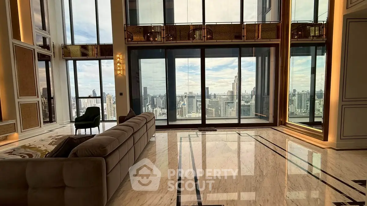 Luxurious high-rise living room with stunning city skyline view and elegant marble flooring.